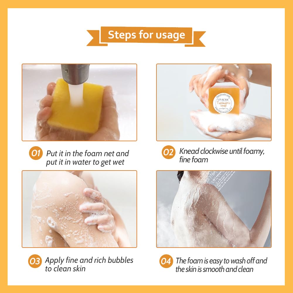 LIYALAN turmeric soap bar ginger lemongrass scent evokes a refreshing shower.