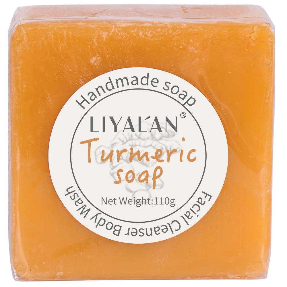 LIYALAN turmeric soap bar packaging shows vegan skincare quality and sustainability.