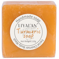 LIYALAN turmeric soap bar packaging shows vegan skincare quality and sustainability.