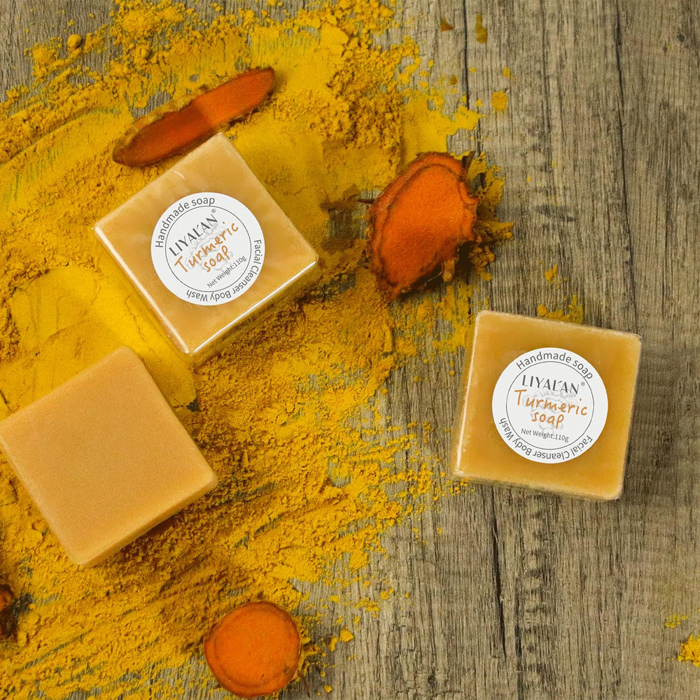 LIYALAN turmeric soap bar use on skin emphasizes gentle cleansing experience.