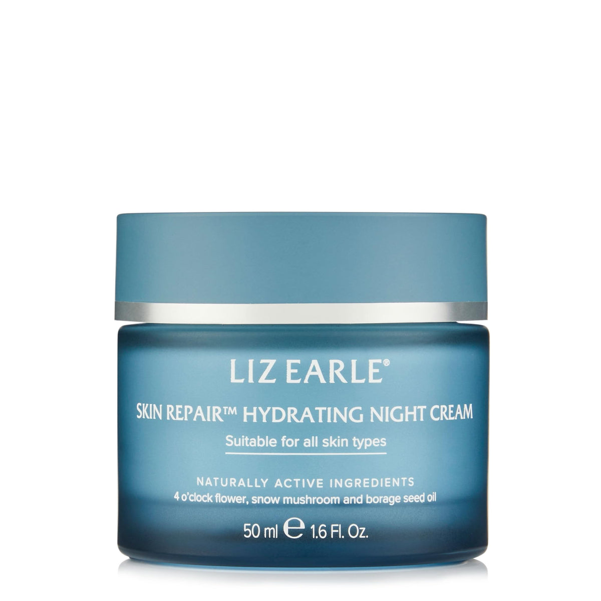 Liz Earle Skin Repair Night Cream bottle close-up highlighting deep hydration.