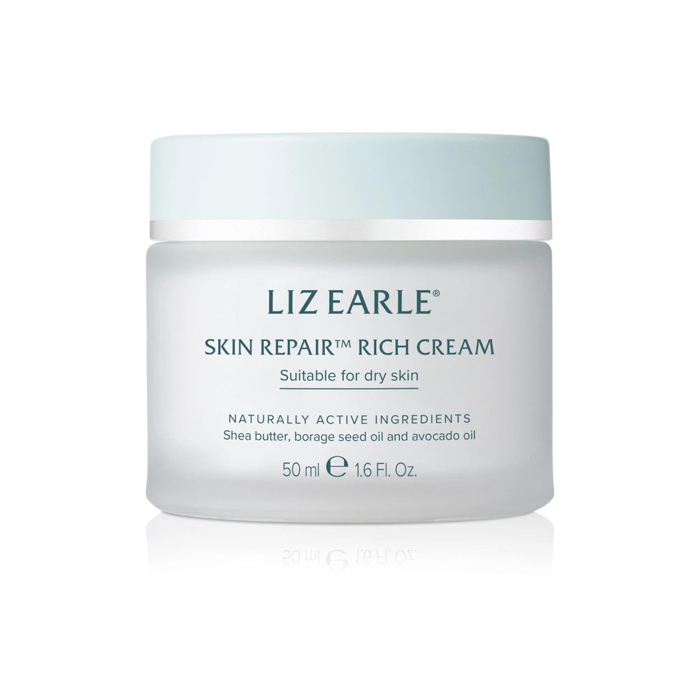 Liz Earle Skin Repair Rich Cream jar close-up for hydrating skin support.
