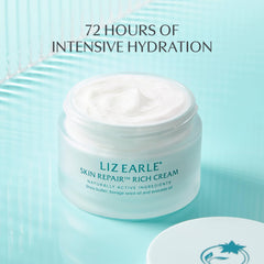 Liz Earle Skin Repair Rich Cream packaging highlights sustainable shea butter.