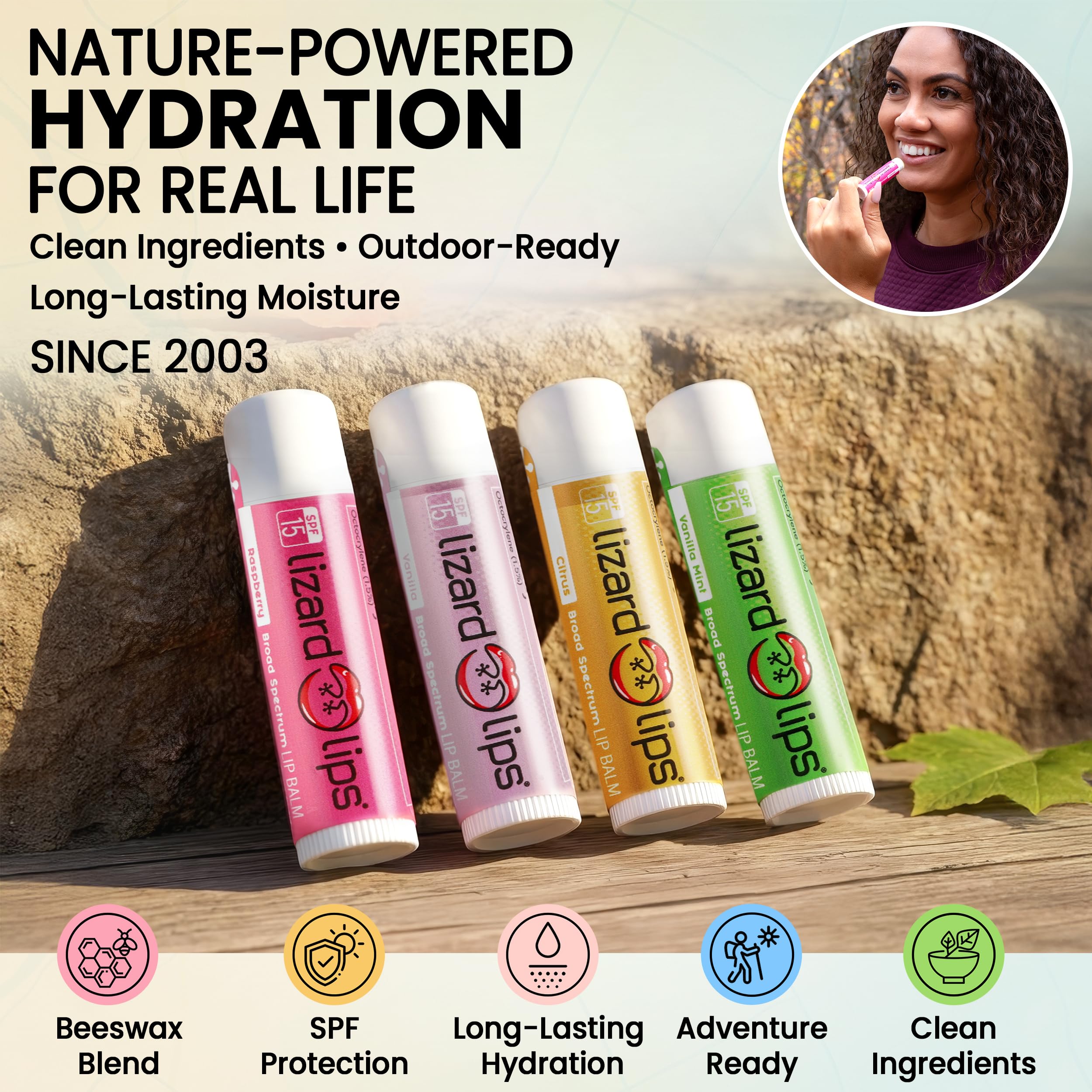 Lizard Lips balm application shot illustrating smooth glide on lips.