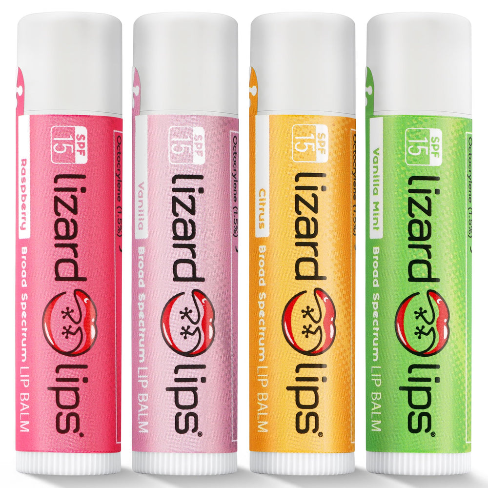 Lizard Lips SPF 15 lip balm packaging highlighting sun protection for outdoor use.