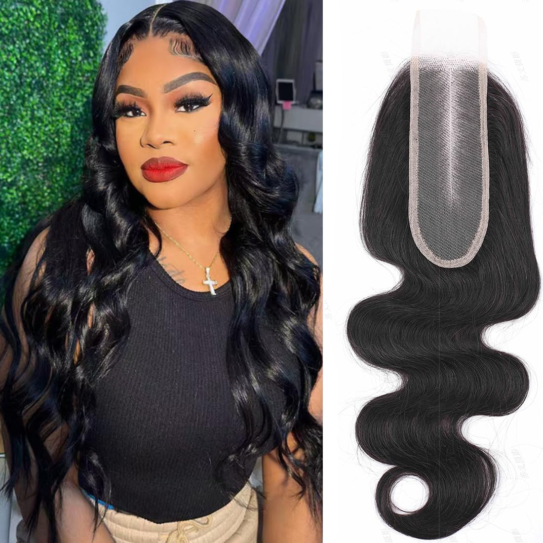 Lizourey HD transparent body wave closure for seamless 16-inch natural-looking blend.