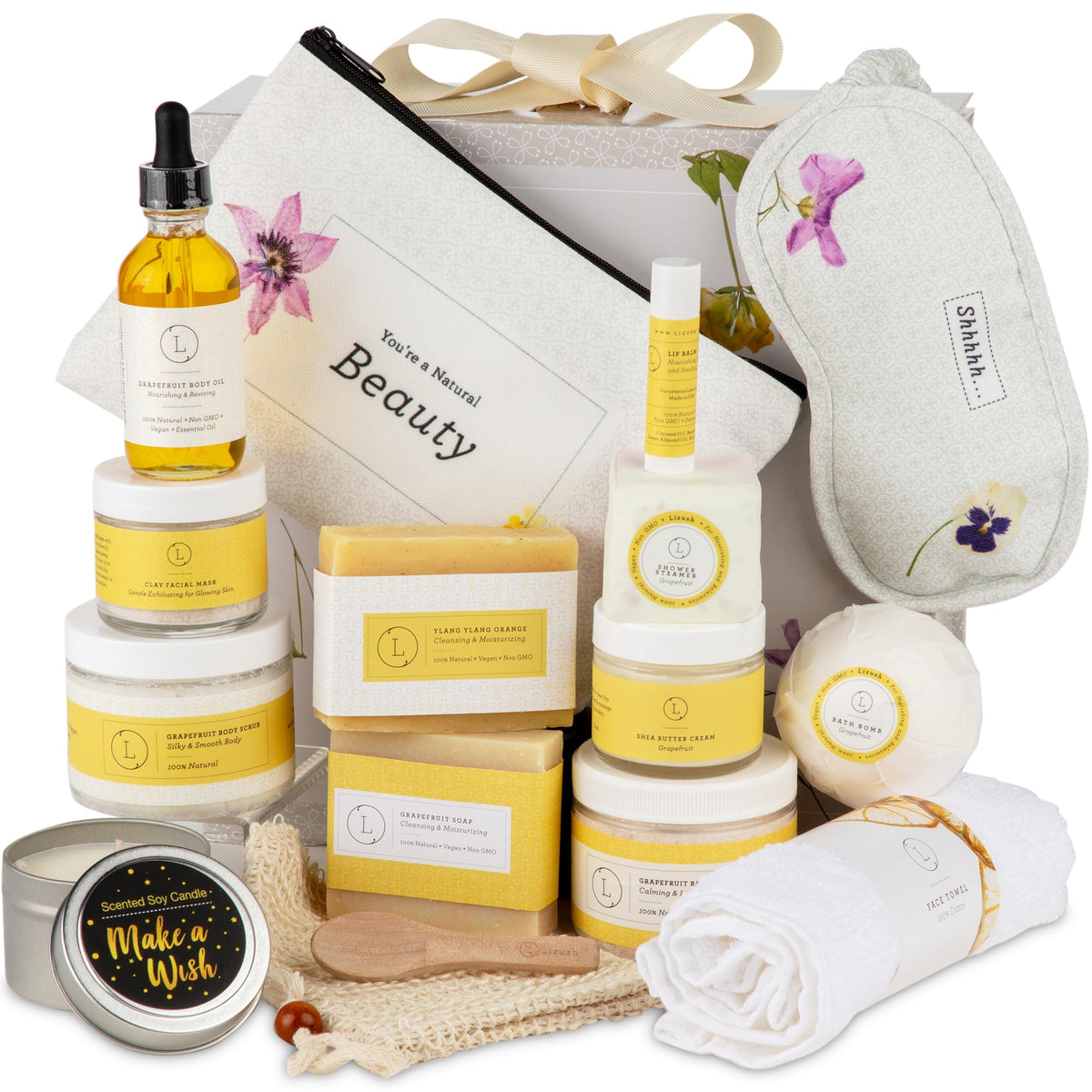 Lizush Citrus Spa Gift Basket packaging, ideal for gifting.