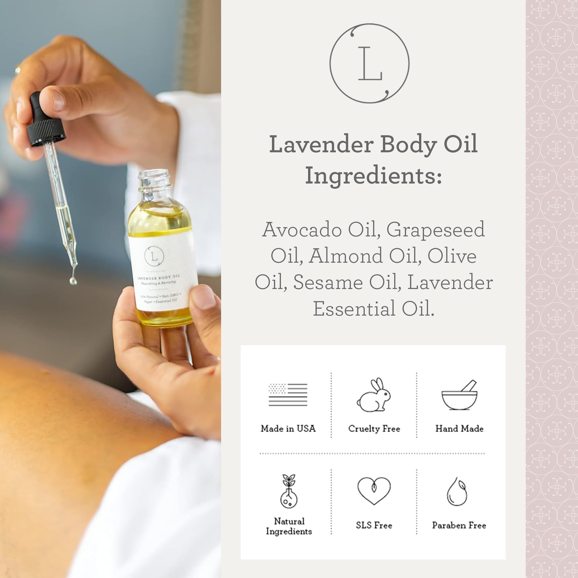Lizush Lavender Body Oil ingredients closeup features avocado and lavender oils