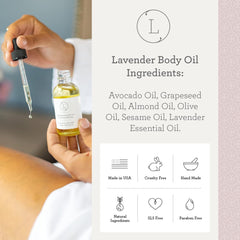 Lizush Lavender Body Oil ingredients closeup features avocado and lavender oils