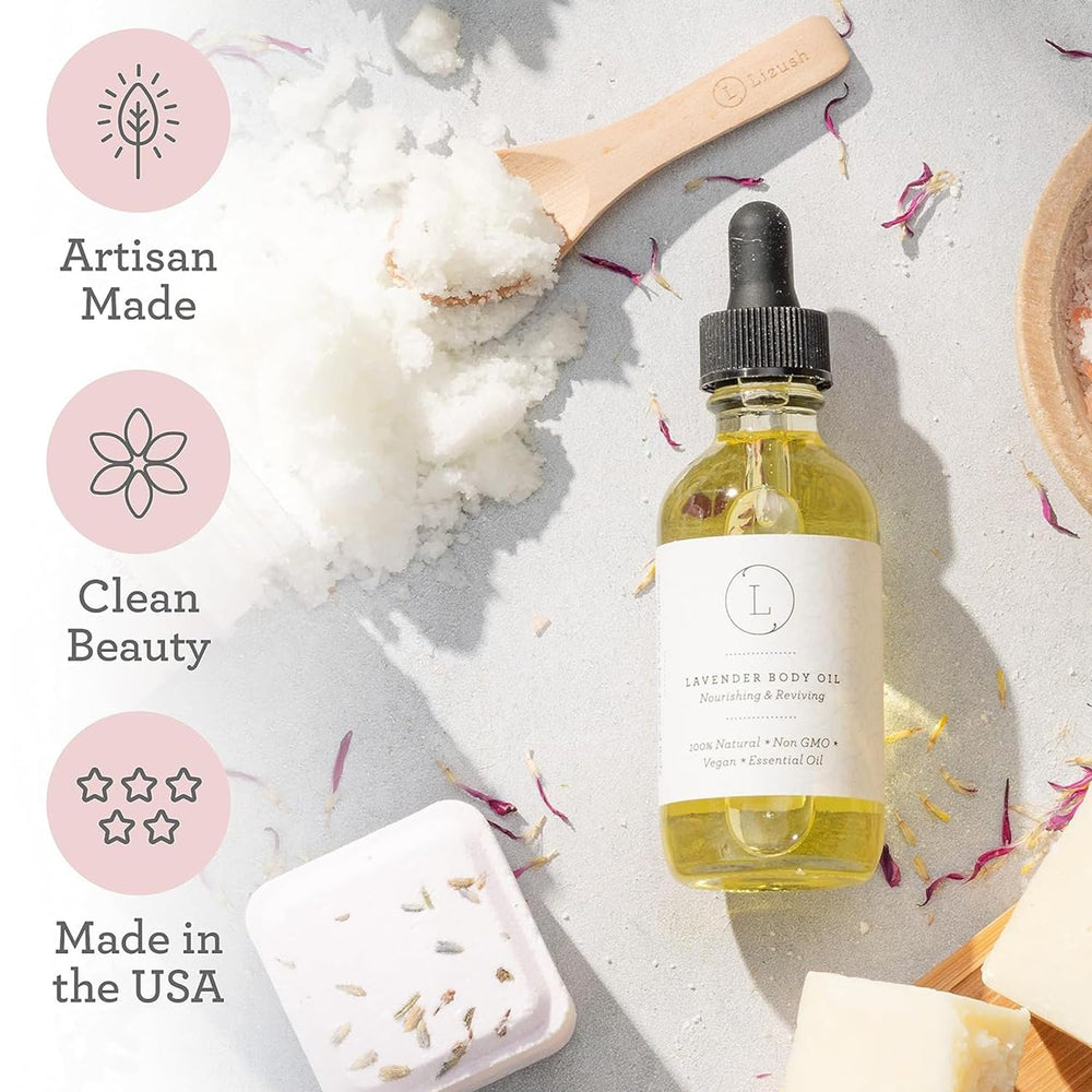 Lizush Lavender Body Oil texture closeup suggests luxurious hydration