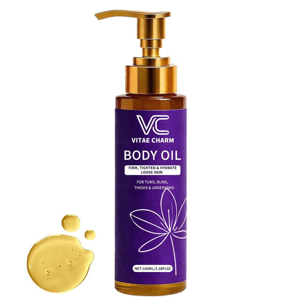 LJOQM Vitae Charm Body Oil bottle ready for daily hydration and skin smoothing.