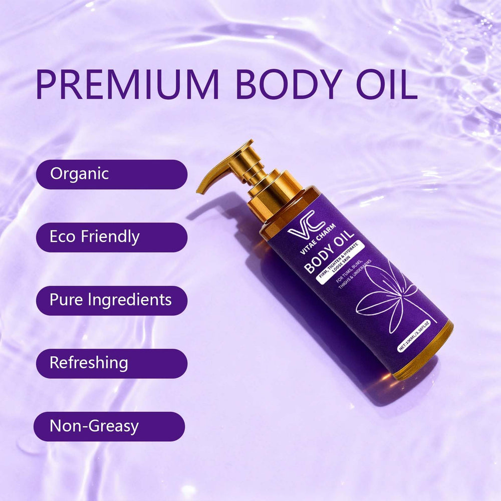 LJOQM Vitae Charm Body Oil dispense pump showing quick, non-greasy application.