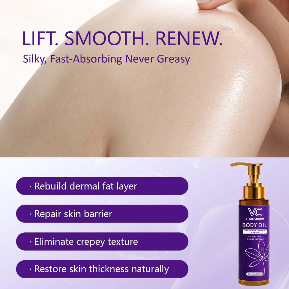 LJOQM Vitae Charm Body Oil glow after massage indicates lasting moisture.