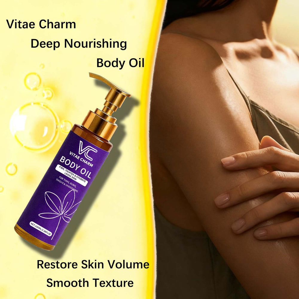 LJOQM Vitae Charm Body Oil on chest highlights healthy glow.