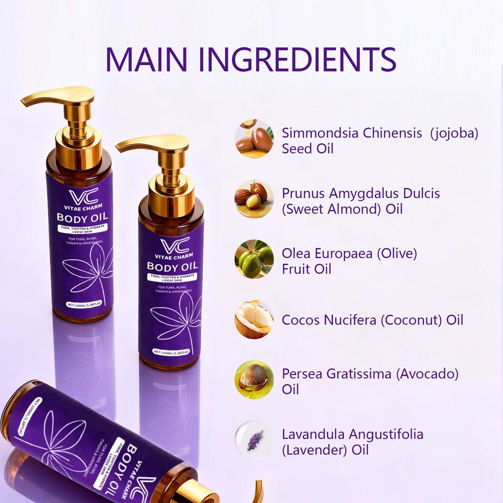 LJOQM Vitae Charm Body Oil on thigh demonstrates improved skin texture.