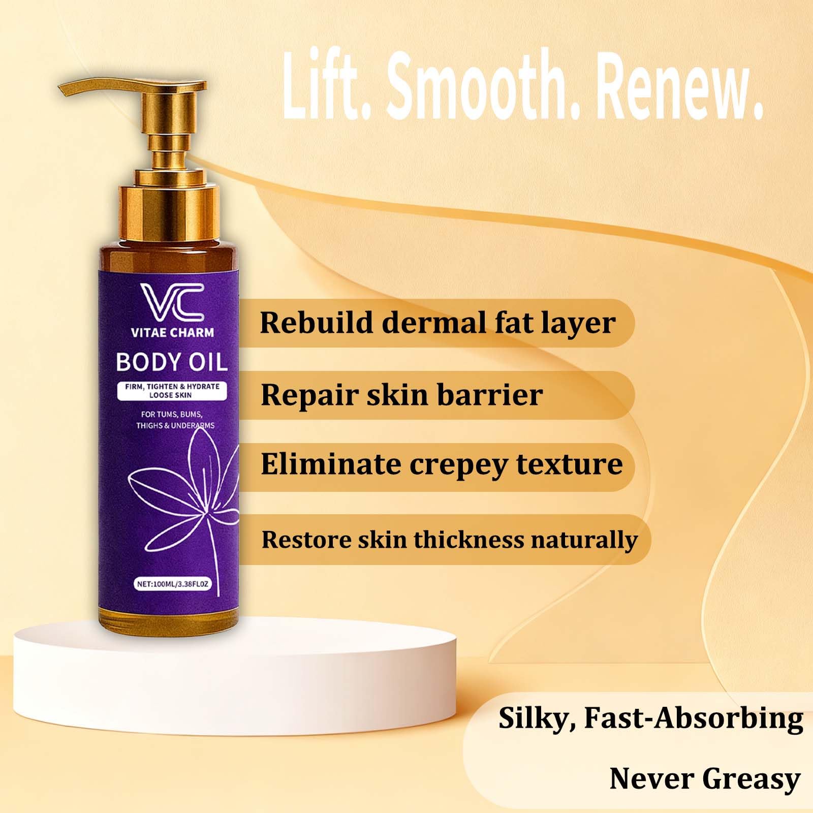 LJOQM Vitae Charm Body Oil texture close-up reveals lightweight absorption.