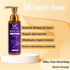 LJOQM Vitae Charm Body Oil texture close-up reveals lightweight absorption.