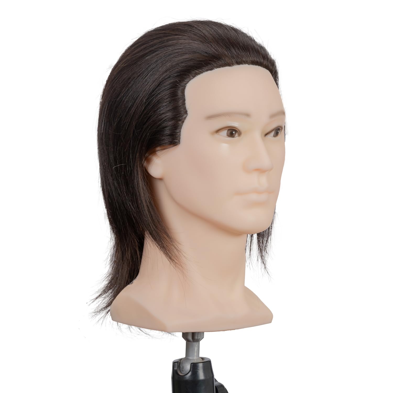 LJSMJF black mannequin head with small shoulders for versatile demonstrations.