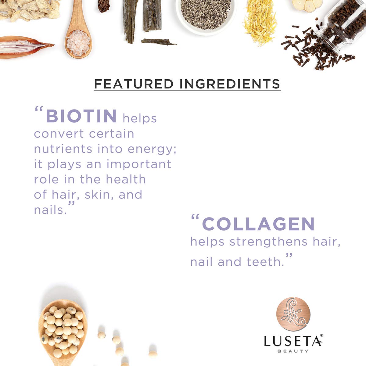 LLUSETA Biotin and Collagen set flatlay highlighting color-safe and sulfate-free formula.
