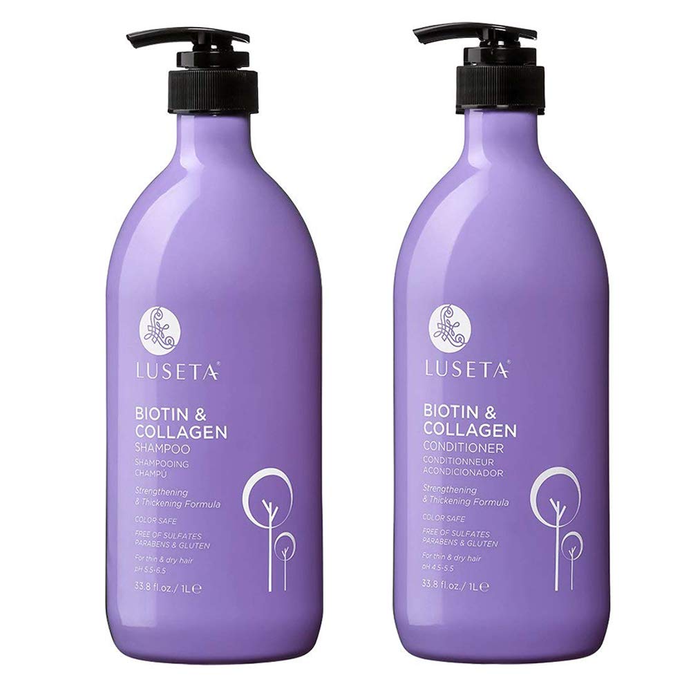 L LUSETA Biotin and Collagen shampoo bottle shown for fuller-looking hair with daily use.