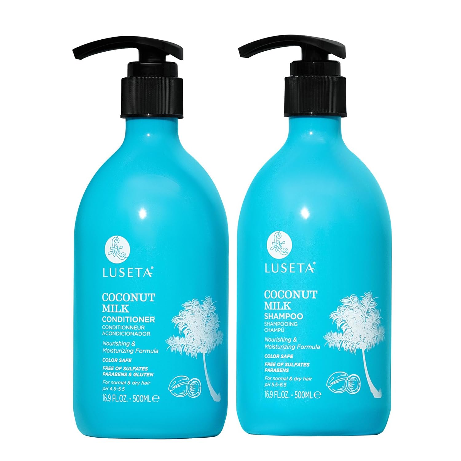 L LUSETA Coconut Milk Shampoo bottle with tropical hydration for daily cleansing.