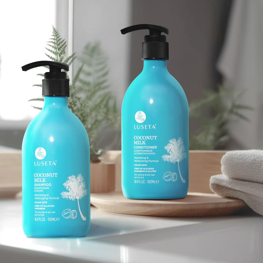 L LUSETA color-safe hair care products on color-treated hair sample.