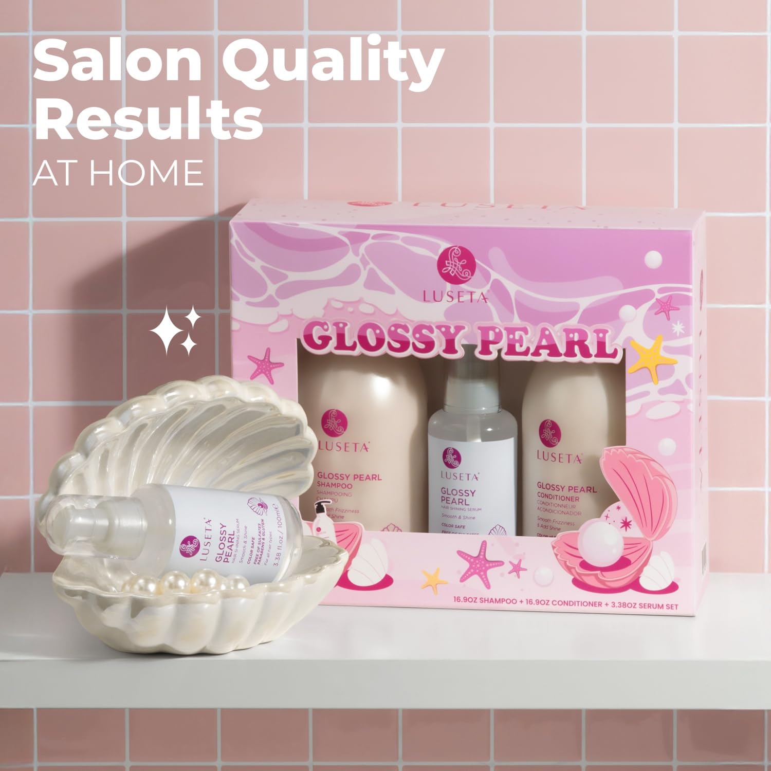 Lluseta Glossy Pearl Conditioner bottle delivers hydration and frizz control for sleek hair.
