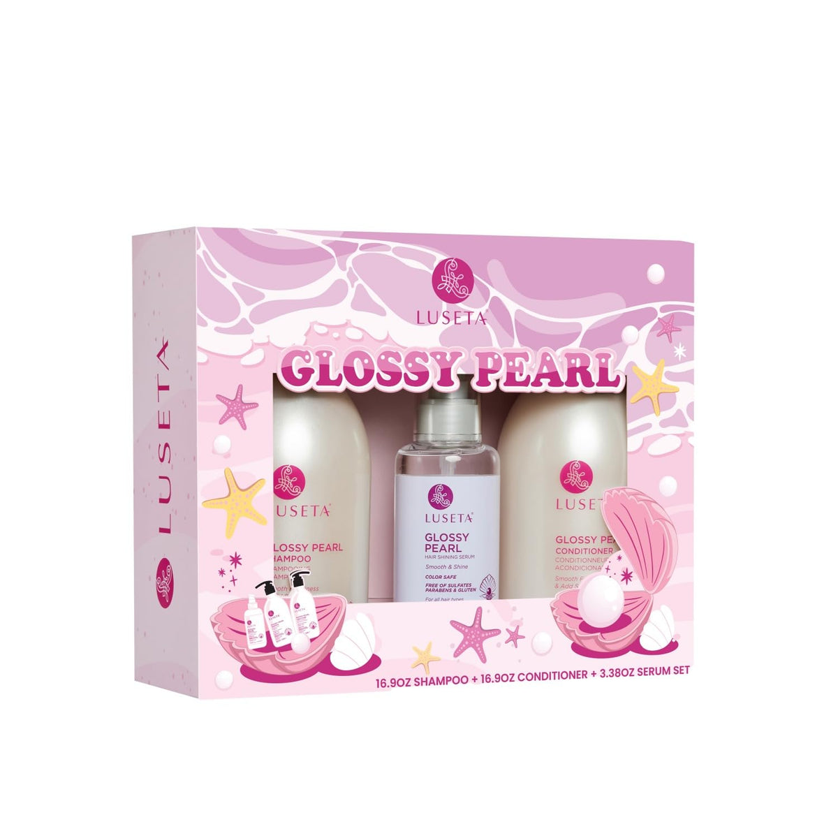 Lluseta Glossy Pearl Shampoo bottle boosts shine and moisture for smooth strands.