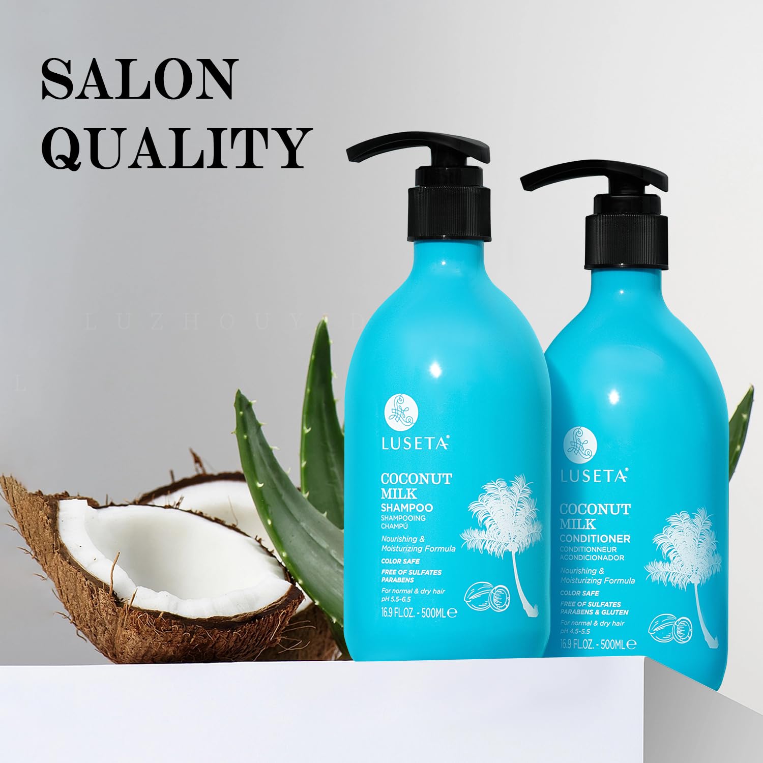 L LUSETA hydration scene showing radiant shine on towel-dried hair.