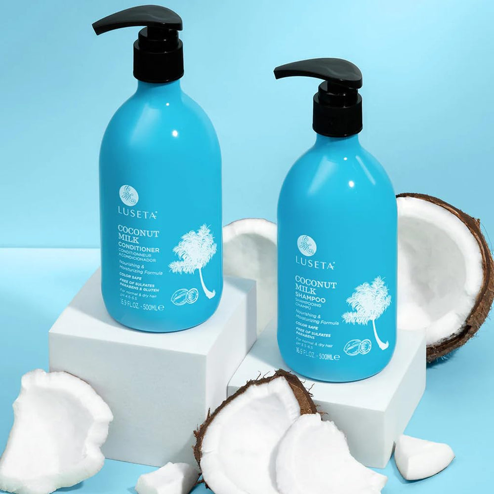 L LUSETA keratin-safe hair care duo in bathroom setup.