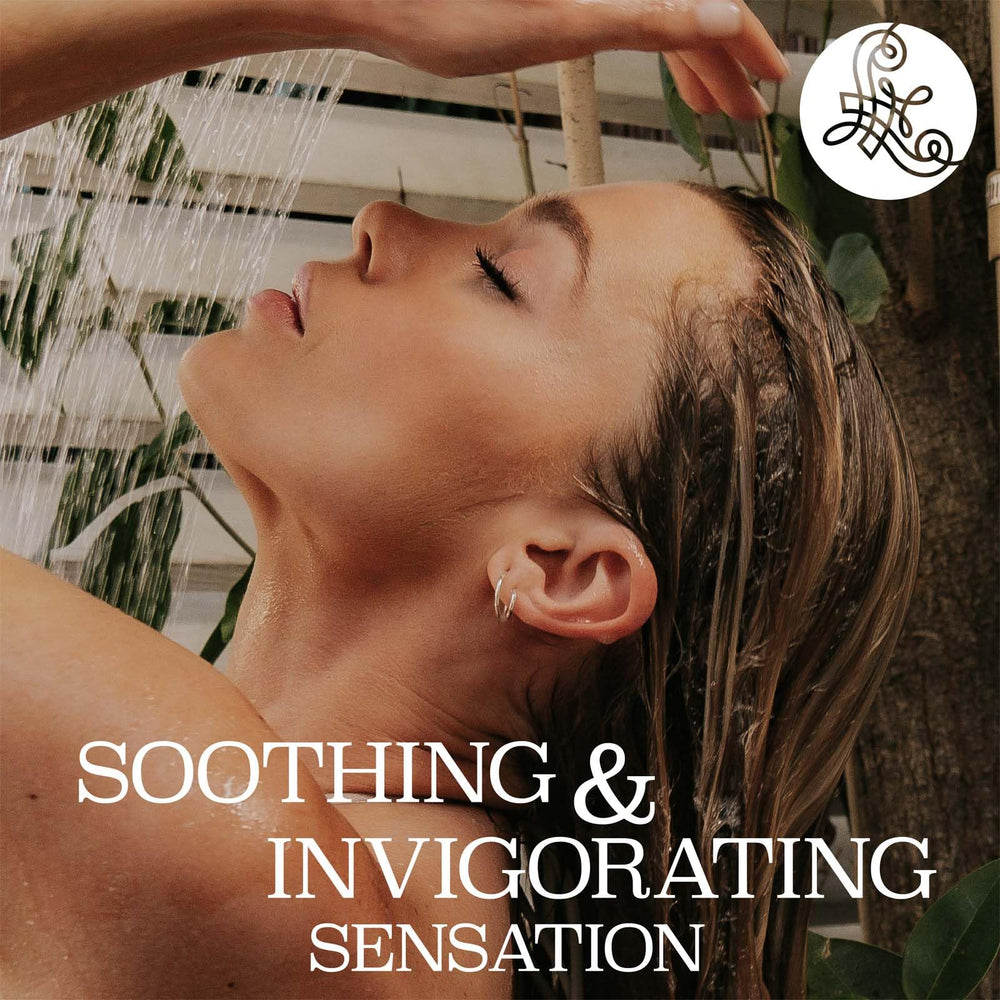 L Luseta Rosemary Mint Strengthening Shampoo close-up shows glossy, healthy-looking hair strands.