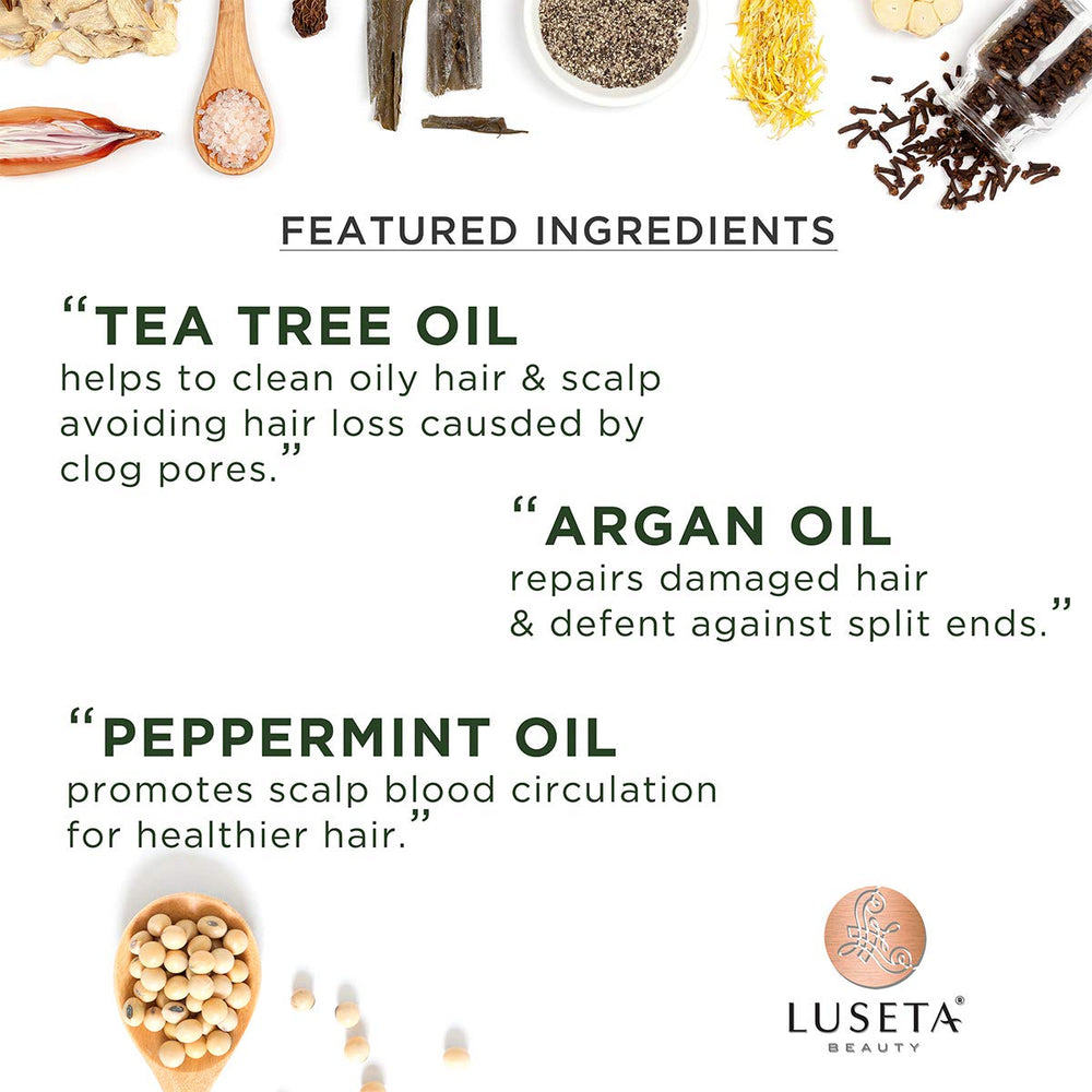 Luseta Tea Tree Oil Shampoo packaging highlights sulfate-free formula.