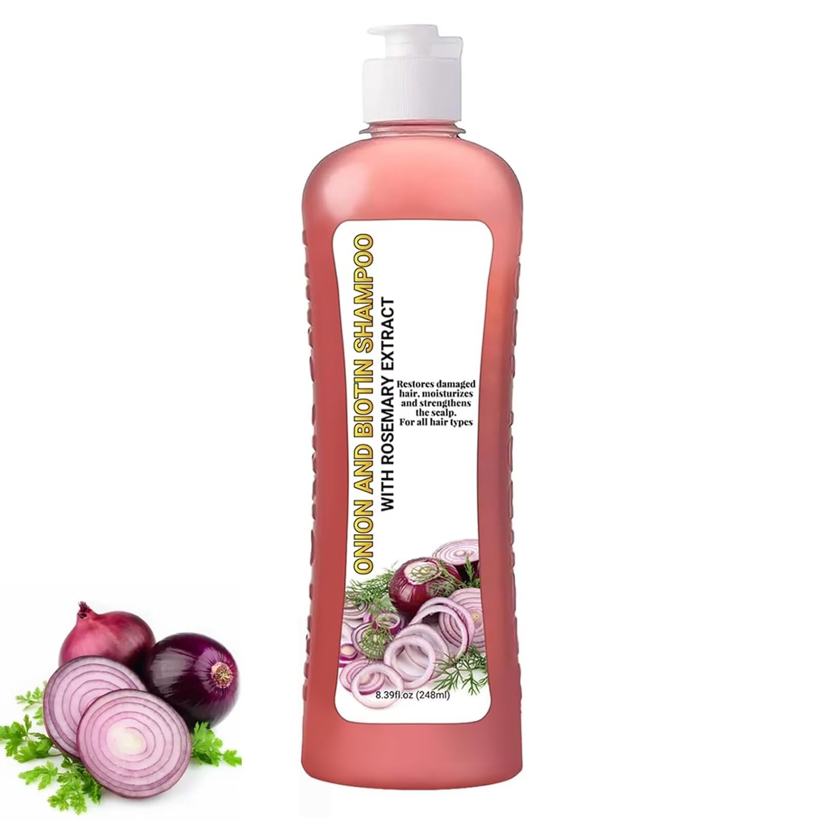 LMDGDS Onion Biotin Rosemary Shampoo bottle showcases nourishing ingredients for soft, shiny hair.