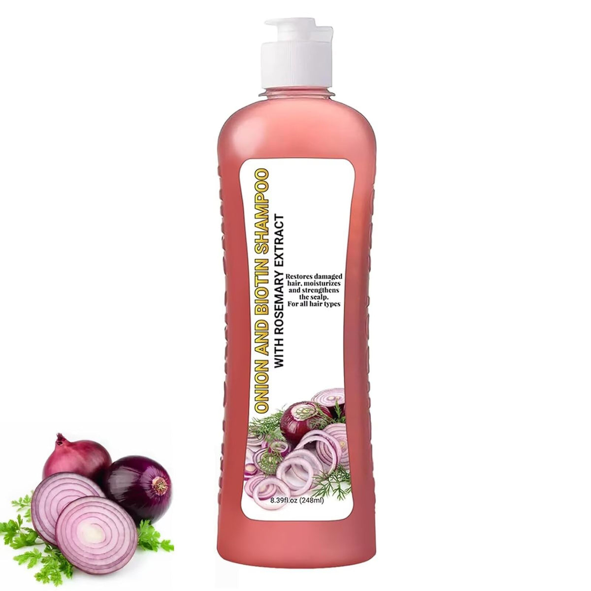 LMDGDS Onion Biotin Rosemary Shampoo bottle showcases nourishing ingredients for soft, shiny hair.
