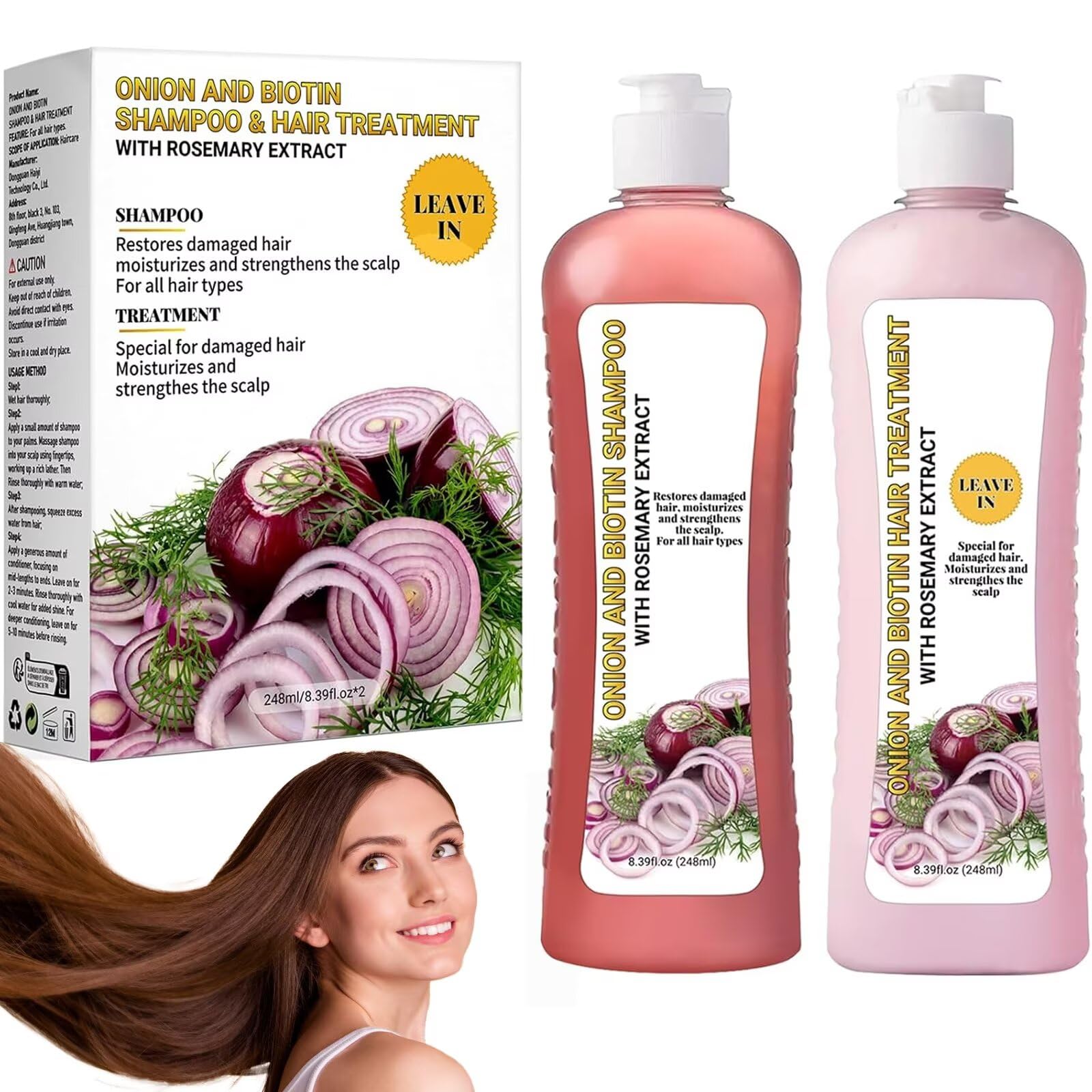 LMDGDS Onion Biotin and Rosemary Shampoo bottle promoting soft, shiny hair