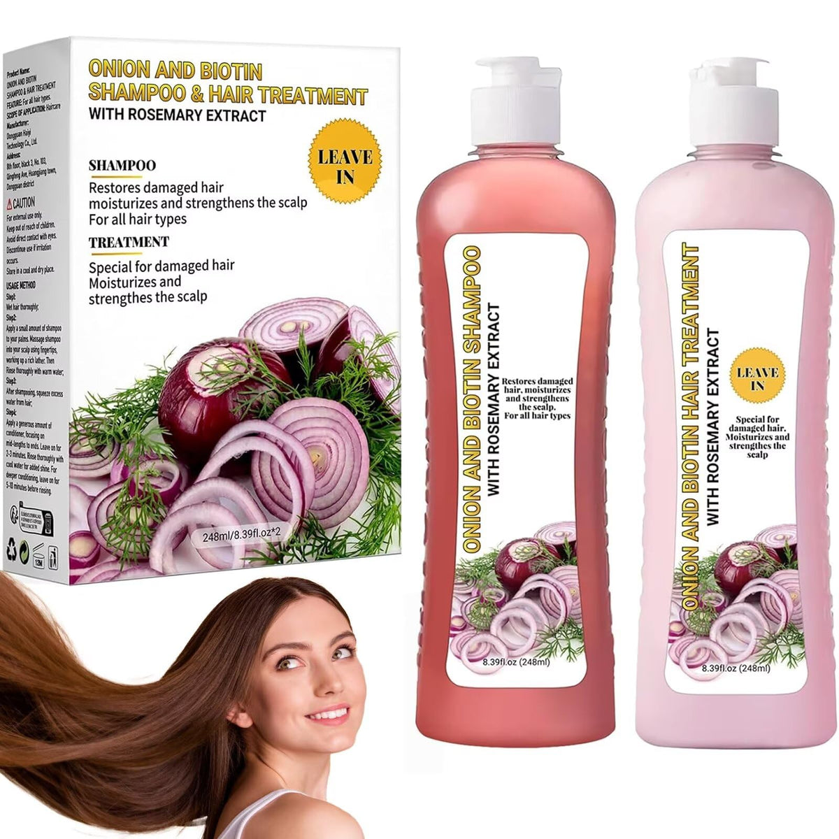 LMDGDS Onion Biotin and Rosemary Shampoo bottle promoting soft, shiny hair