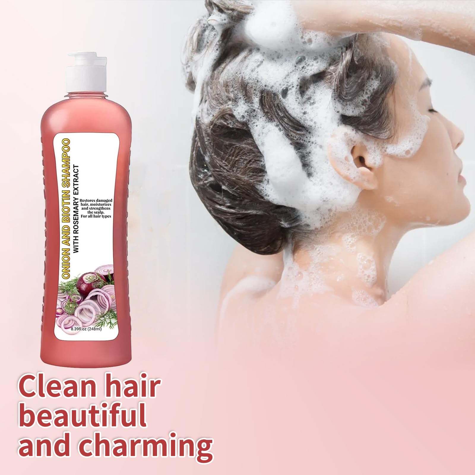 LMDGDS Onion Biotin Rosemary Shampoo shine close-up reveals glossy strands.