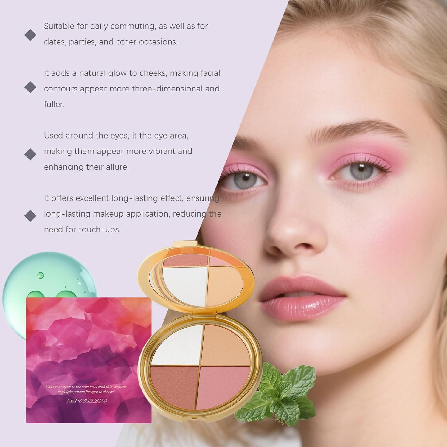 Shimmer shades swatch from Lmoy Eye & Cheek Palette delivering radiant lid sparkle