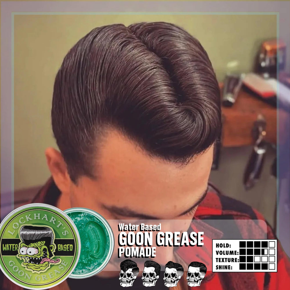 Lockhart’s Goon Grease on the comb delivers precise, lasting shape.