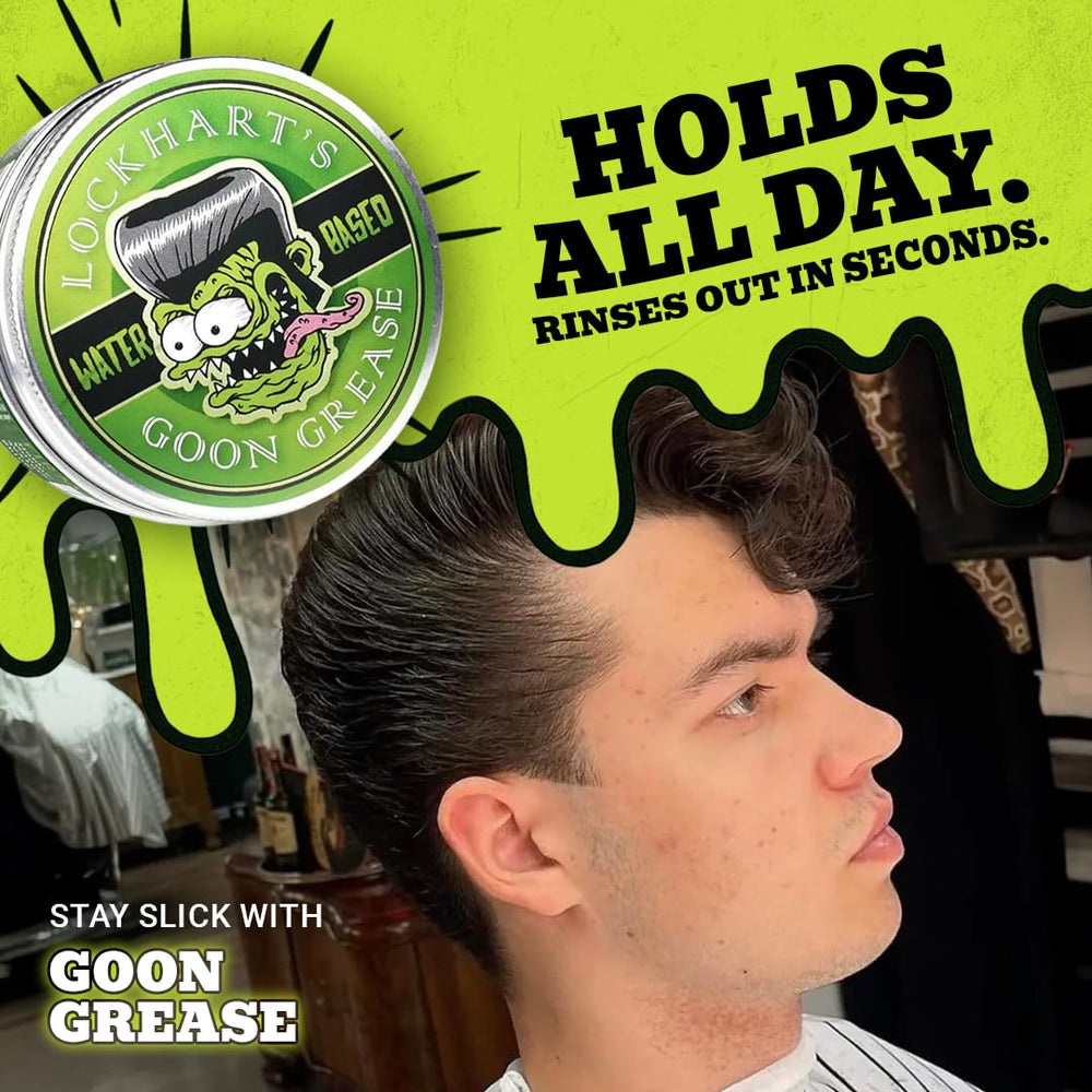 Close-up of hair with Goon Grease reveals a high-shine finish.