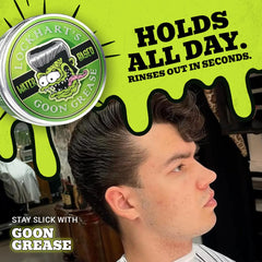 Close-up of hair with Goon Grease reveals a high-shine finish.