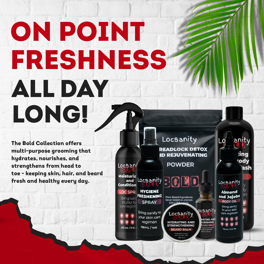 Locsanity Bold 3-in-1 Hydrating Shampoo cleanses hair, face, and body.