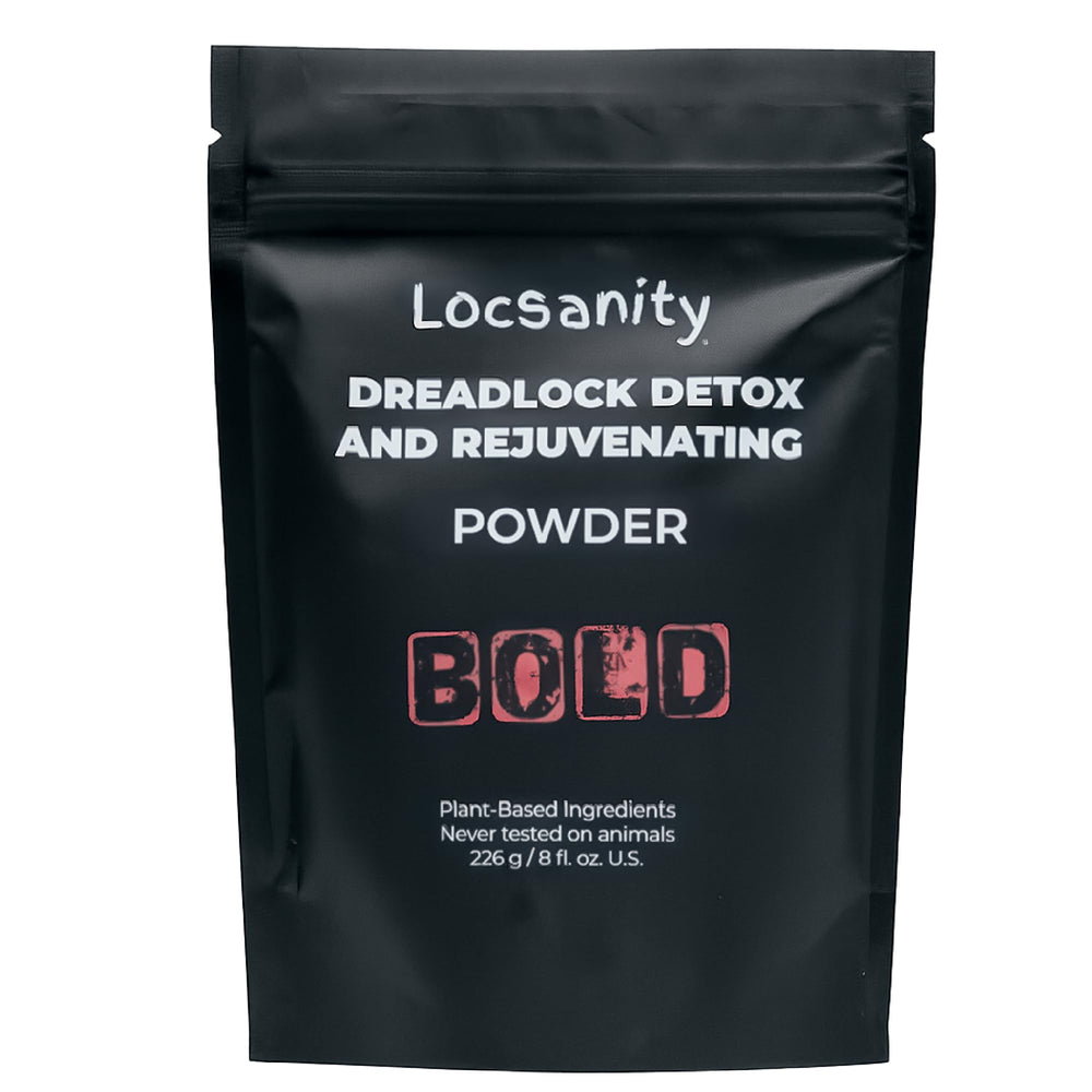 Locsanity Bold Locs detox powder bottle for a detox and rejuvenation routine.