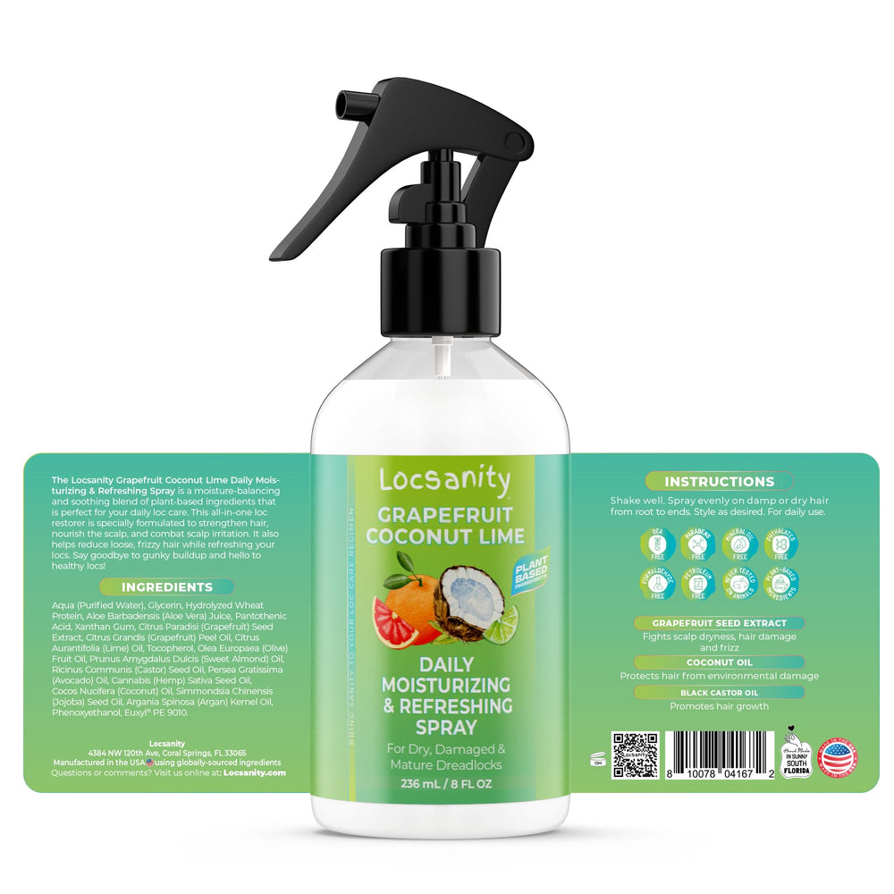 Locsanity Grapefruit Coconut & Lime spray dispensing mechanism delivering quick hydration.