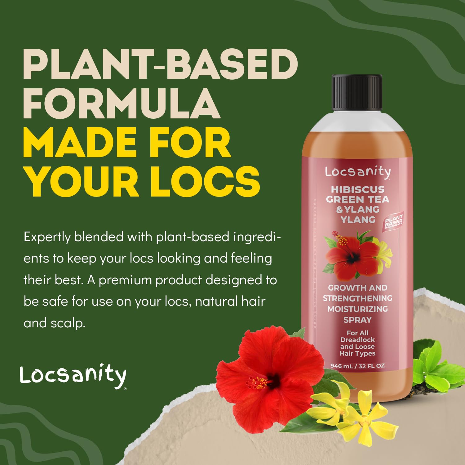 Locsanity Green Tea Hibiscus Ylang Ylang ingredients emphasizing hydration