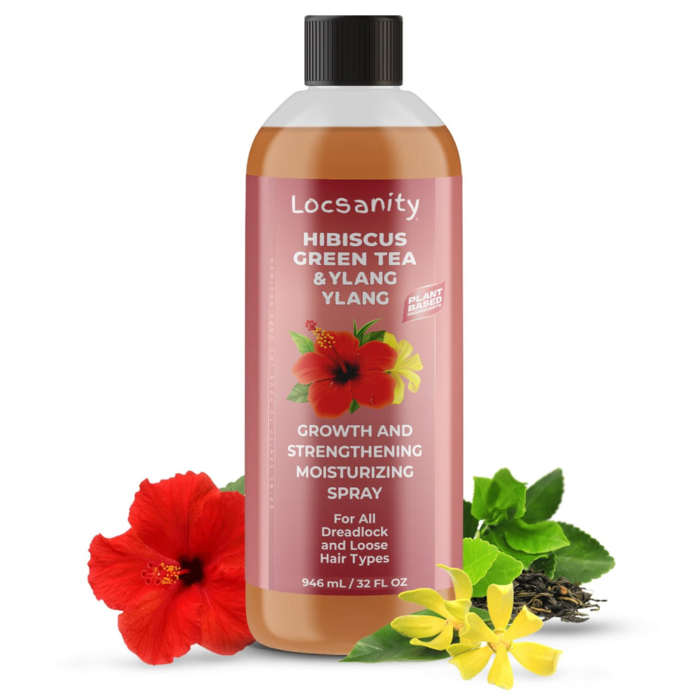 Locsanity Hibiscus Green Tea Hair Growth Spray bottle promoting fuller locs