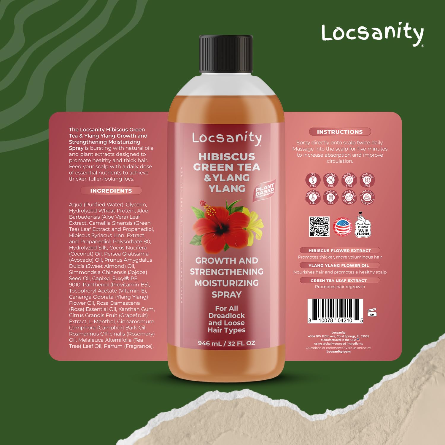 Locsanity Hibiscus Green Tea label close up highlighting ingredients