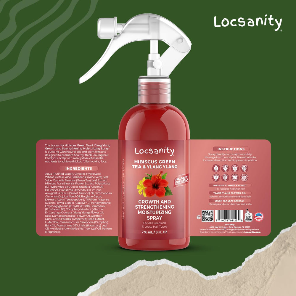 Ingredients highlight plant-based nourishment for healthy-looking locs from Locsanity Hibiscus Tea spray.
