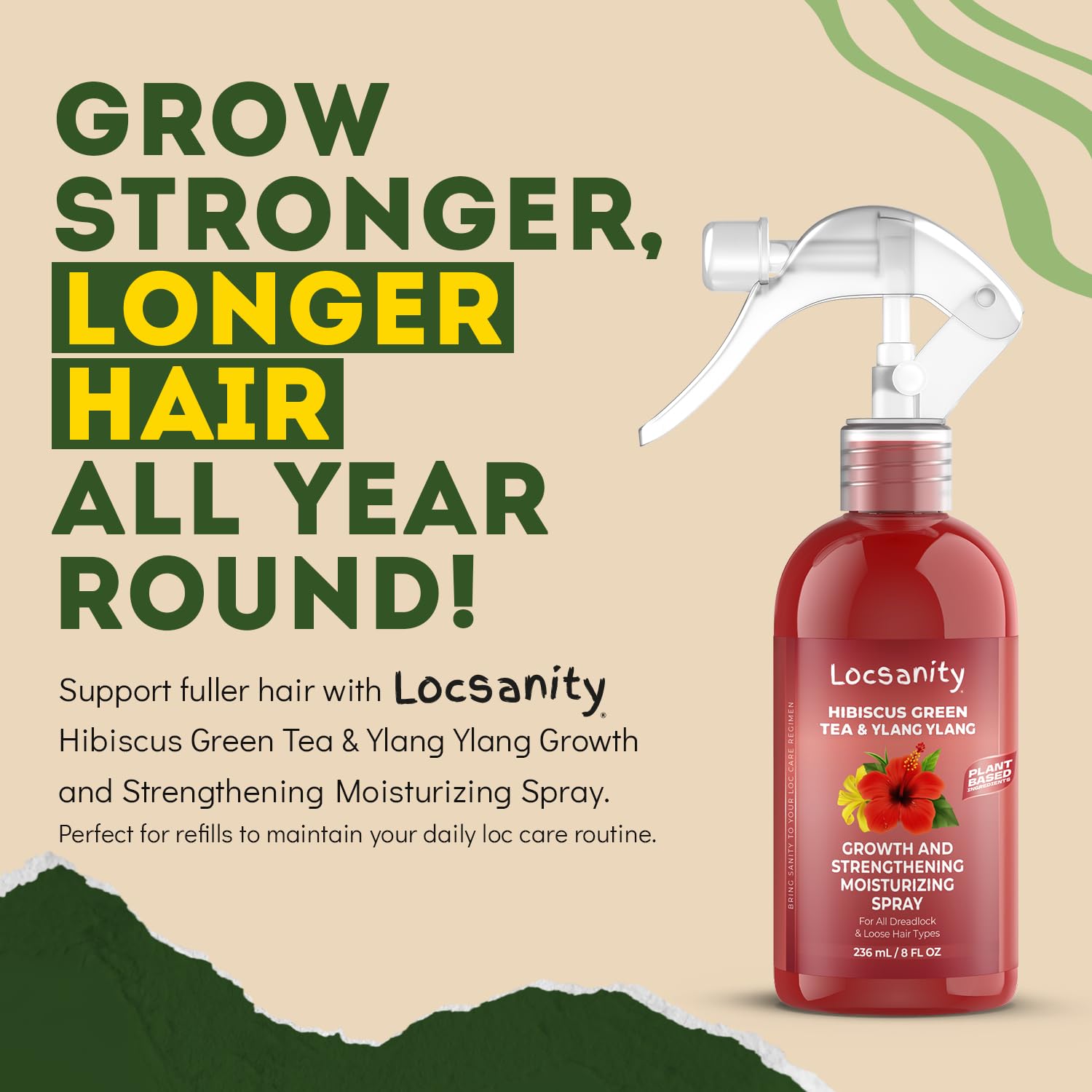 Close-up of Locsanity Hibiscus Green Tea Spray delivering shine.