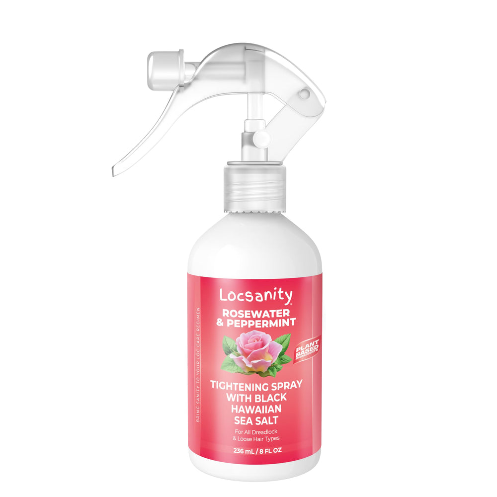 Locsanity Rosewater Peppermint Loc Spray bottle delivers hydrating refresh for scalp and locs.
